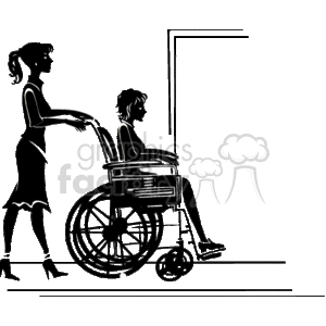 The clipart image features two silhouetted figures, representing a nurse or caregiver and a child. The caregiver is standing and appears to be pushing a wheelchair in which the child is seated. The setting is not detailed but suggests an indoor environment, potentially a hospital or care facility, indicated by the door frame in the background.