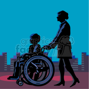 The clipart image depicts a silhouette of one woman standing and pushing another woman who is sitting in a wheelchair. They appear to be outdoors, with a stylized city skyline in the background. The color scheme consists mainly of blues and black, suggesting it might be evening or early night. The scene conveys a sense of assistance and mobility.
