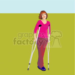 The clipart image depicts a woman with a broken leg using crutches. She has a cast on her left leg, suggesting a leg injury, and is shown walking with the help of the crutches. The woman is smiling, indicating a positive mood despite her condition. The background is split into two color sections, blue above and green below, representing the sky and grass respectively, suggesting an outdoor setting.