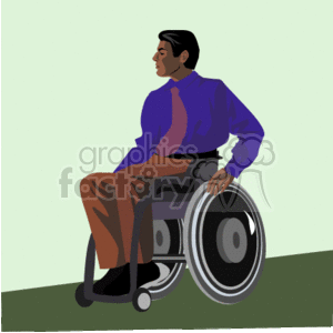 This clipart image features a man seated in a wheelchair. He is dressed in business attire with a shirt and tie, along with a pair of slacks. The man appears to be either in contemplation or looking at something out of the frame. The wheelchair is depicted with detail, showing the wheels, footrest, and seat.