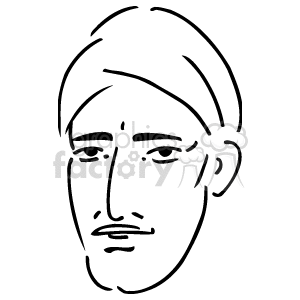 The clipart image depicts a stylized line drawing of a person's face. The face features a turban wrapped around the head, indicating that the person might be of a culture or religion where turbans are traditionally worn. The drawing is minimalistic, with simple lines used to represent the facial features such as the eyes, nose, mouth, and the outline of the face and turban.

