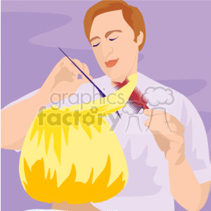 This clipart image features a stylized representation of a male barber or hair stylist cutting or trimming a person's hair. The barber is depicted with scissors in one hand and a comb in the other, focusing on the task at hand. The customer's hair appears prominently in the foreground with a bright, eye-catching color, suggesting a lively and dynamic hair styling scene.