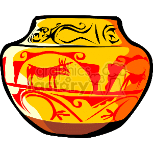 The clipart image displays a stylized, colorful vase or pottery with decorative patterns and animal figures. The design appears to be inspired by Native American or indigenous art, featuring elements like swirling lines and silhouettes of animals which could be indicative of traditional motifs found in such cultures.
