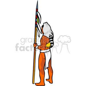 The clipart image portrays a stylized representation of a Native American person. The figure is holding a tall spear adorned with feathers and colorful bands. They are wearing traditional garb that includes a headdress with feathers, a short tunic, and leggings. It's important to note that this is a graphic representation and may not accurately depict the diverse and culturally rich clothing of Native American tribes.