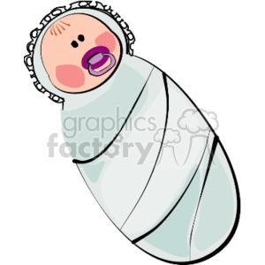 The image is a simple cartoon-style clipart of a baby wrapped in a swaddle or blanket. The baby has a pacifier in its mouth and a bonnet on its head, with cheeks indicated by rosy circles. The swaddle is shaded with light blue and white, suggesting a soft material.