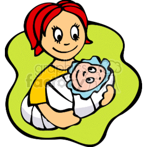 The clipart image features a stylized representation of a smiling mother holding her happy baby wrapped in a blanket. The background has a green, blob-like shape.