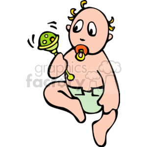 The clipart image displays a cartoon of a baby with curly hair, holding a rattle in one hand and with a pacifier in their mouth. The baby appears to be sitting and is wearing a diaper.