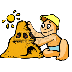 The clipart image features a child at the beach building a sand castle. The sun is shining in the sky, suggesting it's a sunny day, perfect for summertime outdoor activities.