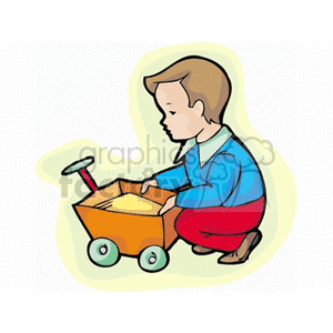 A boy playing with a wagon full of sand