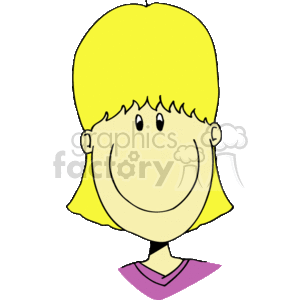 The clipart image depicts a stylized illustration of a smiling girl with blonde hair. She is shown from the shoulders up, wearing a purple collar top, and has simple facial features consisting of two eyes, a nose, and a wide smile. Her hair is cut straight across her forehead in a fringe, and she has round cheeks.