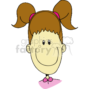 This clipart image features a cartoon representation of a young girl with a big, friendly smile. She has brown hair tied into two ponytails with pink ties and a pink collar visible at the neck area. The illustration has a simple and clean design, suitable for a variety of uses related to children or education.