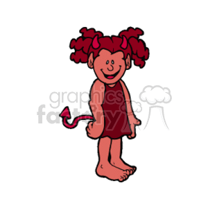 The image shows a cartoon of a child with a playful devil-like appearance. The kid is likely a girl, indicated by the two pigtails with red curly hair. She is wearing a simple red dress and has a devil's tail, with a typical pointed tip, protruding from the back. The child is barefoot and has a smiling expression on her face.