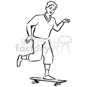The clipart image depicts a young person riding a skateboard. The kid is illustrated in a dynamic pose, with one foot on the skateboard and the other slightly raised, as if pushing off the ground to gain speed. The kid is dressed in casual attire suitable for skateboarding, which includes a short-sleeved shirt, shorts, and what appear to be socks. The individual has a haircut typical of a young male, and the outline suggests the movement associated with skateboarding.