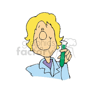 The image is a cartoon of a person holding a test tube in one hand. They are wearing a blue coat. The drawing is a sketch-like drawing that gives the impression of a hand-drawn illustration. 