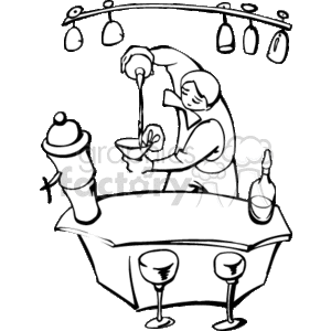 The clipart image depicts a bartender pouring a mixed drink into a glass at a bar. The bartender is standing behind the bar which is equipped with bottles of alcohol, a shaker, and various glasses. Above the bar, there are hanging glasses, possibly wine or cocktail glasses.