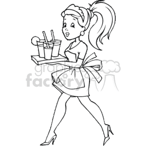 This clipart image depicts a stylized female waitress carrying a tray with beverages. She appears to be walking confidently and is drawn in a simple black and white line art style, suitable for various purposes related to themes of dining, service, or occupations.