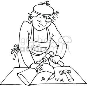 The clipart image depicts a person engaged in shoemaking or shoe repair. The individual is wearing a work apron and a cap, and is working with a hammer and nails, focused on crafting or repairing a shoe or a piece of leather.