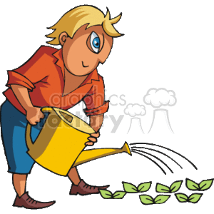 The clipart image depicts a person with blond hair engaging in the occupation of gardening. The individual is wearing a casual orange shirt paired with blue trousers and brown shoes. They are attentively watering a row of green plants with a yellow watering can. The plants appear healthy, and the water is illustrated as an arc of droplets, suggesting motion and the care being given.