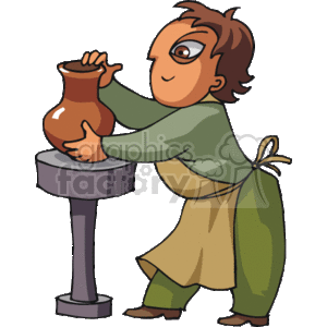 This clipart image depicts a potter at work, molding or inspecting a clay pot on a potter's wheel. The character is a man with brown hair, wearing a green shirt and an apron, focused on his craft.