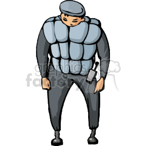 The clipart image depicts a person wearing body armor suggestive of a role in law enforcement, SWAT, or military duty. The figure appears equipped with protective gear common to these professions, such as padded armor and a helmet, and carries what looks to be a communication device or other handheld equipment. There is a clear emphasis on occupational attire associated with safety and tactical operations.