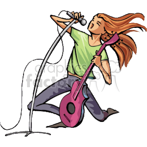 The image is a clipart illustration of a person engaged in singing while playing an electric guitar. The person appears dynamic and is using a microphone stand, indicating a performance setting. 