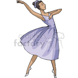 This clipart image depicts a dancer assumed to be an African American woman performing ballet. She is posed with one arm extended and the other bent gracefully. She is wearing a lavender ballet dress, known as a tutu, and ballet shoes, and her hair is styled in a bun with a flower accessory.