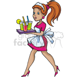 This clipart image features a cartoon of a smiling waitress. She's got ponytailed brown hair, wearing a pink dress with a white apron and high heels, and has a headband. She's holding a tray with three colorful beverages, each garnished with a slice of fruit. The waitress appears to be in motion, suggestive of being busy or working efficiently.