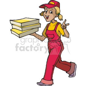 This clipart image depicts a young female pizza delivery person. She is wearing a red cap, a yellow t-shirt with red overalls, and carrying a stack of pizza boxes. She looks cheerful and is making a peace sign with one hand.