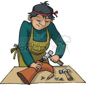 The clipart image depicts a shoemaker or cobbler hard at work. The person is shown hammering a sole onto a shoe and is surrounded by tools typical for shoe repair such as additional hammers and nails. The shoemaker is wearing an apron and a headband, suggesting a traditional or old-fashioned approach to the craft.