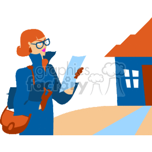 The clipart image shows a stylized female real estate agent or realtor. She's wearing a blue coat, glasses, and holding paperwork, presumably related to property listings or sales. There is a partial image of a house next to her, indicating her profession in real estate. She also carries a bag, suggesting she's on the move or going to appointments.