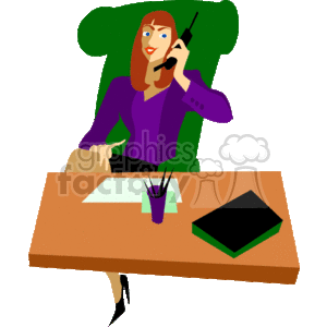 The image depicts a female realtor at her desk, talking on a phone. On her desk, there are papers, pen holders filled with pens, and a closed folder or book. She appears to be actively engaged in a conversation, likely pertaining to real estate matters.