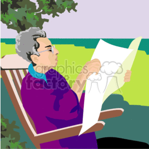 The clipart image shows a senior man with grey hair, sitting and reading a newspaper. He appears to be outdoors, possibly in a park or a garden, as suggested by the greenery in the background. He is wearing a purple shirt and glasses, and he seems focused on the content of the paper.
