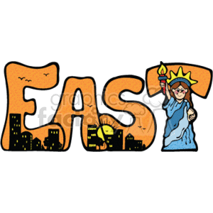 The image is a stylized text EAST with decorations representative of the East Coast of the United States. The E is illustrated with a snakeskin pattern, commonly associated with cowboy boots, which although more typical of the Western United States, is a symbol of American country style. The A hosts a simple skyline silhouette, possibly alluding to the urban centers found along the East Coast. The S contains the Statue of Liberty holding a torch, which is a major landmark located in New York Harbor. The T is not visible in this image. Birds can be seen flying in the background, which may suggest freedom or the natural environment along the coast.