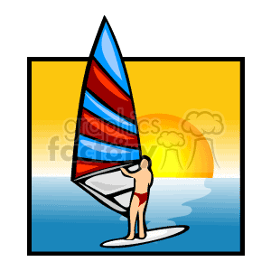 The clipart image illustrates a person windsurfing. The figure stands on a surfboard with a sail attached, poised to catch the wind. In the background, there's an oversized sun sitting low on the horizon, suggesting a sunset or sunrise scene. The water is stylized with simple wavy lines to indicate the sea, and the sky transitions from yellow to blue, denoting either dusk or dawn.