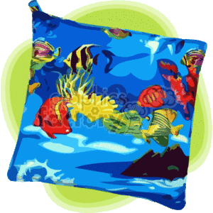 The clipart image features a pillow with a vibrant Hawaiian tropical fish design. The design includes a variety of colorful fish swimming around coral reefs with a backdrop that suggests underwater scenery typical of Hawaiian waters. The scene also includes an underwater landscape with what might be a volcanic island silhouette at the base.