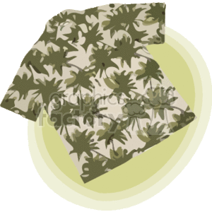 The image depicts a clipart of a folded Hawaiian-style tropical shirt with a pattern that appears to include palm trees or similar tropical foliage. It is colored in shades of green and beige.