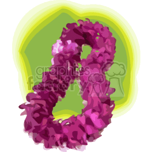 In the clipart image, there is a traditional Hawaiian floral lei. The lei appears to be made up of purple flowers and is presented against a two-tone background with yellow-green shades.