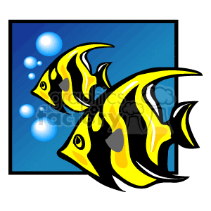 The clipart image depicts a pair of stylized yellow and black tropical fish swimming underwater. The background is a gradient of dark to light blue, indicating depth, with bubbles ascending to the surface, which adds to the underwater theme.