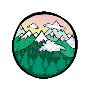 The clipart image depicts a stylized round landscape scene. It features snow-capped mountains in the background with white clouds above them, and a forest of green trees at the forefront under a partly cloudy sky with hues of pink and yellow, suggesting either sunrise or sunset.