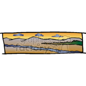 The clipart image depicts a simplified landscape featuring mountains and what appears to be a body of water, such as a lake or river, at what might be sunset or dusk. The sky is illustrated with a gradient of yellow and orange hues, typical of a sunset, and there are a few clouds spread across it. The mountains are drawn with varying shades of brown and green, suggesting different terrains or vegetation.