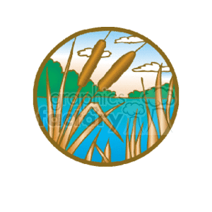 This clipart image features a simple outdoor scene within a circular boundary. The image includes a pair of cattails in the foreground, with tall grasses surrounding them. There appears to be a body of blue water, which could be a pond or river, and this body of water extends to the middle ground of the image. In the background, we see rolling mountains under a sky with a few clouds.