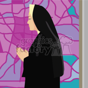 The clipart image depicts a religious nun in profile view with her hands clasped together in prayer. She is wearing traditional nun's attire, including a black habit and a white coif.