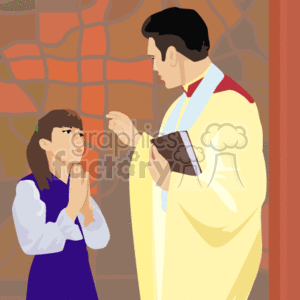 This clipart image depicts a religious scene where a priest, dressed in a yellow robe with a red stole, is blessing a young girl. The girl is wearing a purple dress and has her hands clasped in prayer. The priest is holding a book, likely a Bible or prayer book, in his left hand and appears to be making the sign of the cross or a blessing gesture with his right hand over the girl's head. The background includes a stained glass window, indicating that this scene is taking place inside a church.