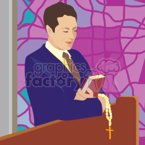 The image depicts a person praying or reading a book, possibly a bible or prayer book, inside what appears to be a church setting. They are standing at a pew, and there is a rosary hanging over the edge of the pew with a prominent cross. In the background, there is a stained glass window, which is typical of a church atmosphere.
SEO title for this image: Person Praying with Rosary in Church - Religious Clipart