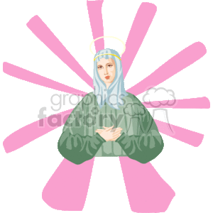 The image is a clipart depiction of what appears to be the Virgin Mary, a central figure in Christian iconography. She is shown with a halo around her head, wearing a blue veil and a green garment, with her hands clasped in prayer. The background consists of pink radiant beams that create a sense of divinity or holiness.