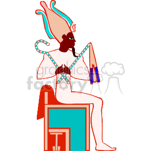 This clipart image depicts a stylized figure resembling an ancient Egyptian deity. The figure is seated on a throne with a traditional Egyptian headdress, which has tall, curved elements and is red in color. The deity has a human body and holds a staff, traditionally symbolizing power or authority, in one hand and an ankh, the ancient Egyptian hieroglyphic symbol for life, in the other. The coloring and artistic style are reminiscent of Egyptian wall paintings and artifacts. The deity also appears to have a long beard, which is a common feature in the depictions of male deities in Egyptian art.