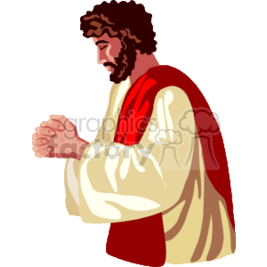The clipart image depicts a man with a beard and long hair, dressed in a white robe with a red sash, with his hands clasped together in a position that suggests he is praying.