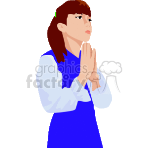 The image is a clipart illustration that features a girl with brown hair, dressed in a blue dress with white sleeves, with her hands pressed together in a gesture of prayer. The girl is looking upwards, which often depicts a spiritual or religious act of praying or seeking guidance.