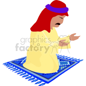 The image depicts a clipart representation of a Muslim man engaged in prayer. He is wearing traditional attire including a thobe and a red and blue head covering. He is standing on a prayer rug which is ornately decorated, typically used in Islamic practice for cleanliness during the various positions of prayer. His hands are raised to face level, palms facing up, which is a common posture in Islamic prayer.