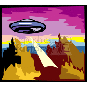 The clipart image depicts a stylized UFO (Unidentified Flying Object) with a dark and light grey color palette, hovering in a purple and pink sky that appears to be set during dusk or dawn. The UFO is casting a bright beam of light downwards towards a rugged terrain with a silhouette of trees or foliage in various shades of yellow, orange, and brown. The sky is adorned with streaks of yellow and light blue, potentially indicating the presence of clouds or atmospheric effects.